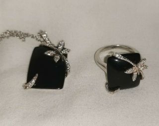 Hallmarked Solid Sterling Silver And Cz Ring And Necklace Set 14.  30 Grams.