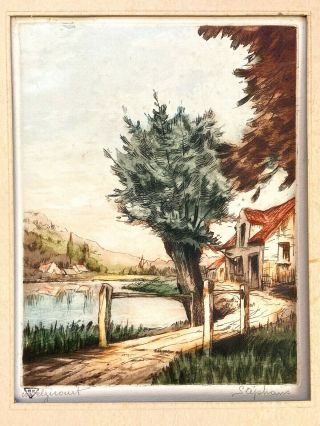 Antique Print Melzicourt (on The Isere River) Hand - Colored Etching France French