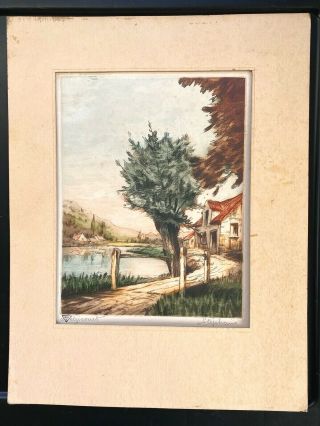 Antique print MELZICOURT (On the Isere River) HAND - COLORED ETCHING France French 2