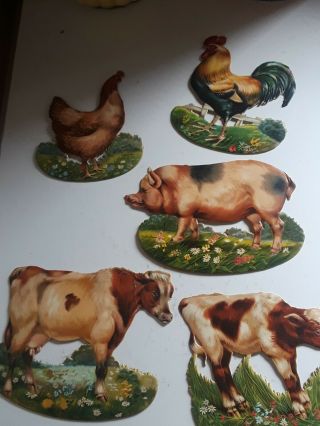 Rare Antique German Tuck Toy Die Cut Cows,  Rooster,  Chicken And Pig.