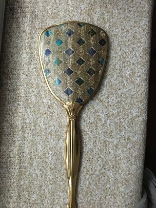 Antique Turquoise And Gold Tone Hand Held Mirror Vintage Art Vanity Filigree 13”