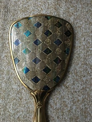 Antique Turquoise and Gold tone HAND HELD MIRROR Vintage Art Vanity Filigree 13” 2