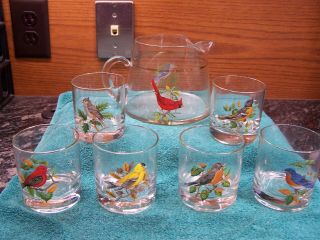 Rare Vtg West Virginia Glass Co Cocktail Pitcher & Lowball Tumblers Songbirds