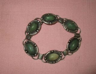Antique Mexico Sterling Silver Green Malachite Stone Link Bracelet 1920 