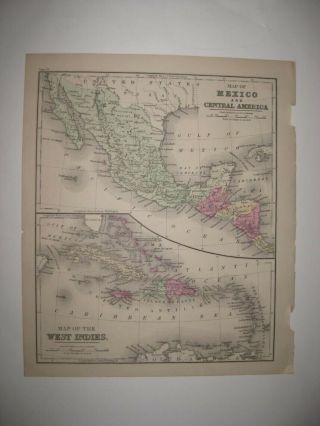 Antique 1873 Mexico Central America West Indies Caribbean Map Jamaica Cuba Fine