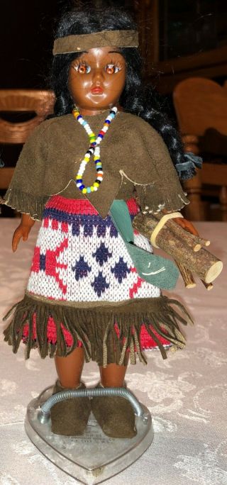 Vintage Native American Carlson Indian Girl Doll In Leather Clothing 7.  5 " Euc