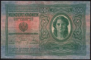1912 100 Kronen Austria Rare Vintage Paper Money Banknote Currency Antique Vf