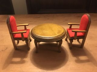 Vintage Wooden Doll House Dining Room Table And 2 Padded Cloth Chairs