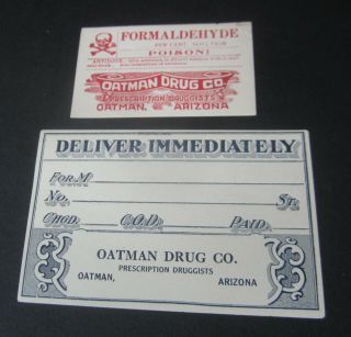 2 Old Antique - Oatman Drug Co Az.  Pharmacy Medicine Labels - Poison / Deliver