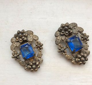 Rare Antique/vintage Pair Ornate 30s/40s Saphire Blue Glass Dress Fur Shoe Clips