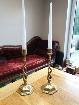 Matching Vintage Polished Brass Twist Candlesticks 10 Inches