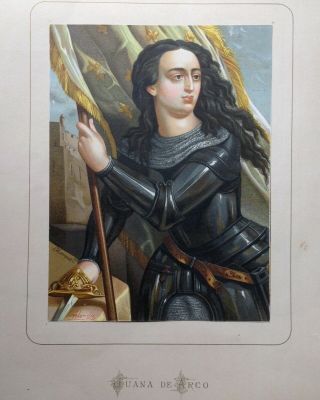 Fine Striking Antique Spanish Saint Joan Of Arc In Armour Art Lithograph Print