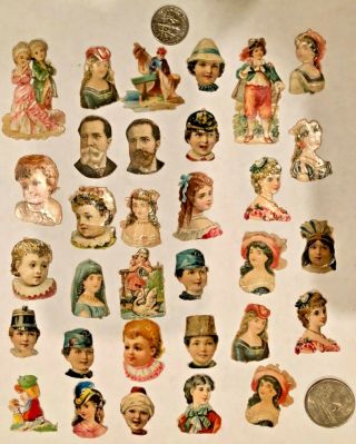 32 Antique Vintage Victorian Children People Indian Heads Die Cut Scraps