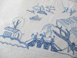 Vintage Tablecloth Hand Embroidered Willow Pattern 44 " X80 "