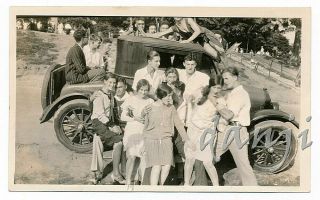 Flapper Teen Boys,  Girls On/around Antique Car With Boys In Rumble Seat Old Photo
