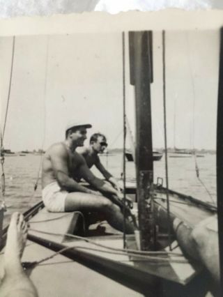 Old Vintage Antique Photograph Men On Sailboat And Man Standing.