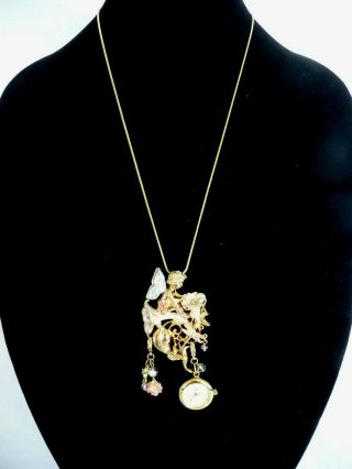 Rare Kirks Folly " Moonflower " Fairy Brooch/necklace " W/ Clock On Chain
