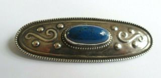 Antique Arts And Crafts Pewter Brooch Set With A Deep Blue Veined Stone.  C Clasp