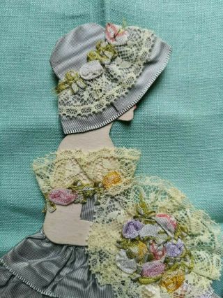 Rare Vintage Cut Out Card Ribbon Work Crinoline Lady Floral Silk Dress ? 30s