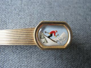 Vintage signed Swank skier reverse painted essex crystal golden metal tie clip 3