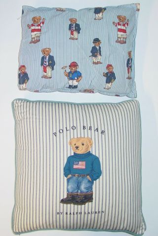 Vintage Polo Bear Ralph Lauren Accent Pillows Pinstripes Denim Travel & Square