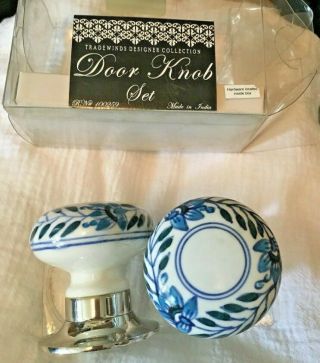 Porcelain Door Knob Set Blue White Floral Motif