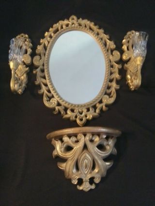 Rare Set Of 6=vtg Homco Syroco Oval Framed Wall Mirror/candle Holders/shelf.