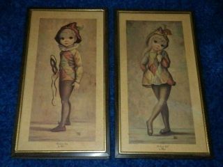 Vintage Pair 60s Maio Big Eyed Harlequin Boy & Girl Lithograph Art Print Plaques