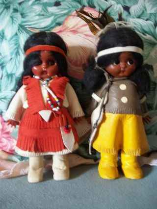 2 Vintage Souvenir Indian Dolls With Papooses,  Vgc,  Sleepy Eye,  Hard Plastic,  6 "