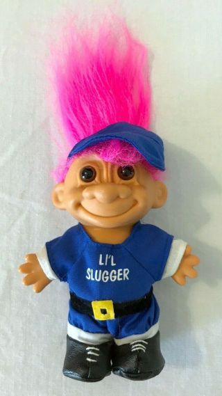 Vintage Russ Troll Doll Lil Slugger Pink Hair 5 " Brown Eyes Softball Baseball