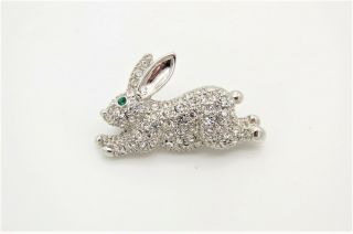 Vtg? Small Silver Tone Plate Bunny Rabbit Brooch W/crystal Rhinestones - Signed?