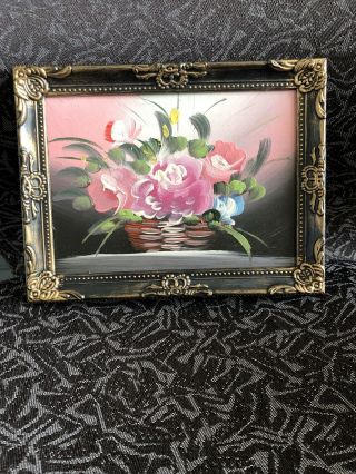Vintage Hand Painted Framed Picture Of Flowers In A Basket Vase