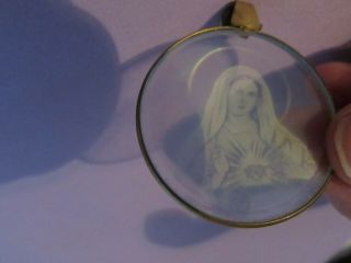 Vintage Goldtone 1 " Necklace Fob Charm Slide Glass W/ Blessed Virgin Mary Image