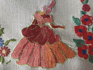 Lovely Large Vintage Linen Hand Embroidered Tray Cloth Crinoline Lady/florals