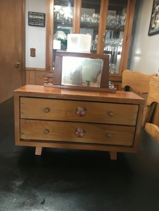 Vintage 1950’s Wood Doll Furniture Chest Of Drawers With Mirror.