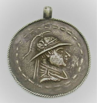 Antique Indo - Greek Silver Coin Pendant With Head Of Menander Wearable