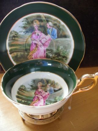 Regency Tea Cup And Saucer Courting Couple Love Story Pattern Teacup Green Pink