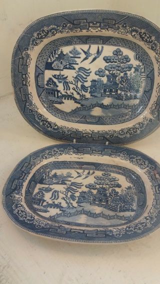 2 Blue & White Antique Willow Pattern Meat Plates