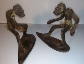 set of two antique - vintage wooden surfer figurines,  hand carved,  hand made xx 2