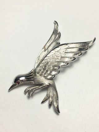 Vintage Crown Trifari Bird In Flight Brooch Red Eye Silver Tone Pin Rare