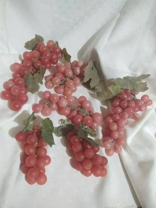6 Pc Fake Faux Fruit Large Cluster Grapes Life Size Plastic Rubber Pink Red Vtg