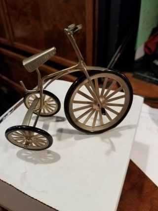 Miniature Brass Tone Metal Toy Tricycle With Heart Design & Moving Wheels