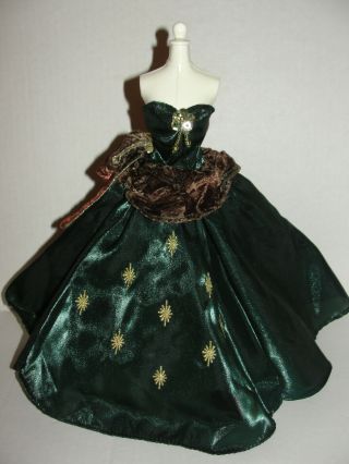 Vintage Holidays Barbie Green Satin & Brown Velvet Gown Strapless Dress