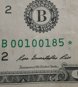 2013 Very Rare Star Note $1 Dollar Bill B 00100185