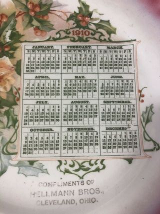 Antique 1910 Calendar Plate Hellmann Bros Cleveland Ohio Pink McNicol Carnation 2