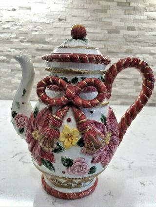 Vtg 1996 Fitz And Floyd Father Christmas Poinsettias& Floral Tea/coffee Pot Rare