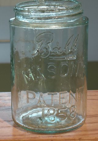Antique Fruit Jar Pint Ball Masons Patent 1858 Aqua