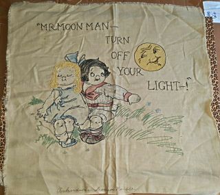 Vintage Hand Embroidered Picture Panel " Mr.  Moon Man Turn Off Your Light "