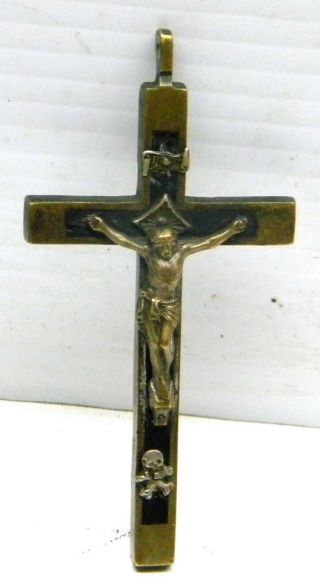 4 Inch Antique Pectoral Cross Crucifix Wood Inlay Brass With Skull Crossbones