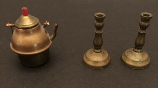 Miniature Dollhouse Vintage Brass Pair Candlesticks & Tea Kettle 1:6 Scale